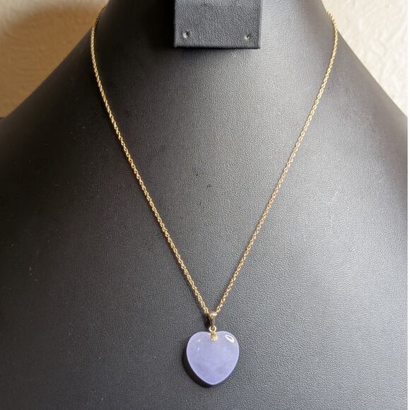 Lavender Jade Heart 14k Yellow Gold Pendant 18" Rope Chain Necklace - Picture 1 of 7
